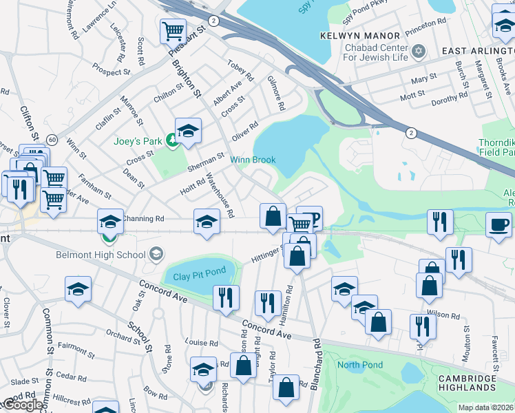 map of restaurants, bars, coffee shops, grocery stores, and more near 20 Eliot Road in Belmont