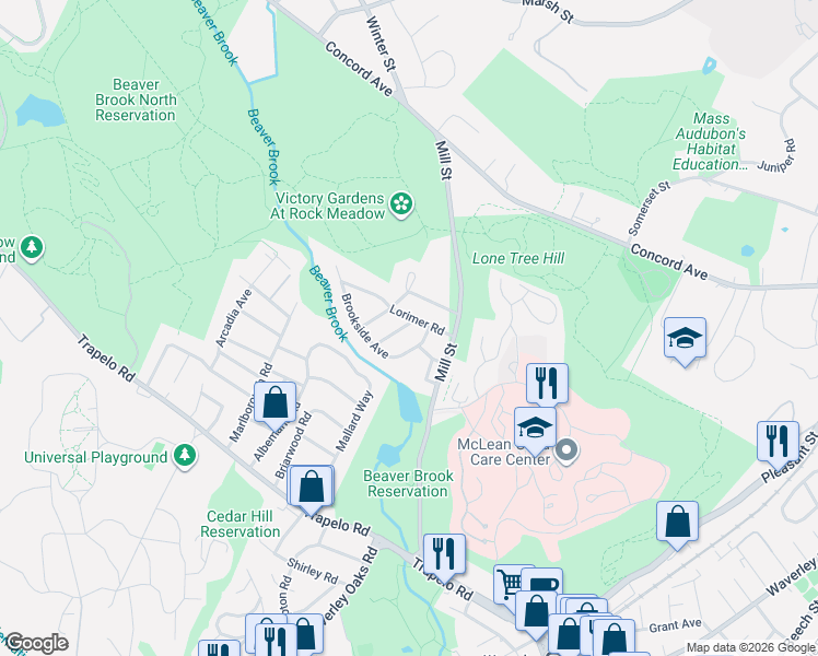 map of restaurants, bars, coffee shops, grocery stores, and more near 30 Lorimer Road in Belmont