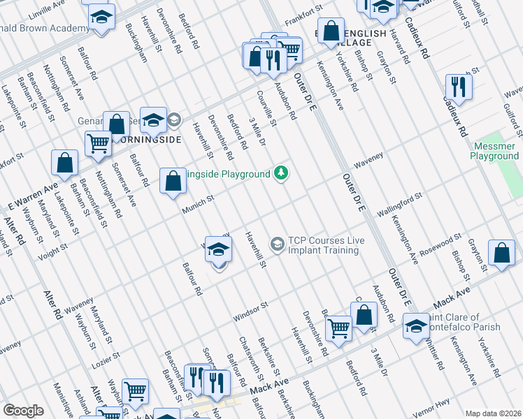 map of restaurants, bars, coffee shops, grocery stores, and more near 4326 Bedford Street in Detroit