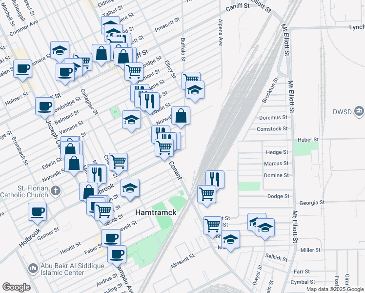 map of restaurants, bars, coffee shops, grocery stores, and more near 3880 Comstock Street in Hamtramck
