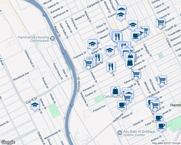 map of restaurants, bars, coffee shops, grocery stores, and more near 2200 Caniff Street in Hamtramck