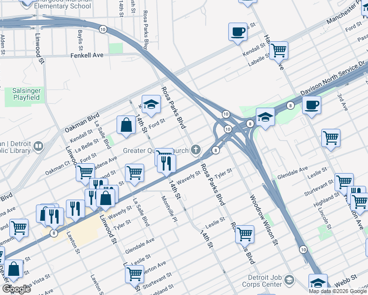map of restaurants, bars, coffee shops, grocery stores, and more near 1941 Grand Street in Detroit
