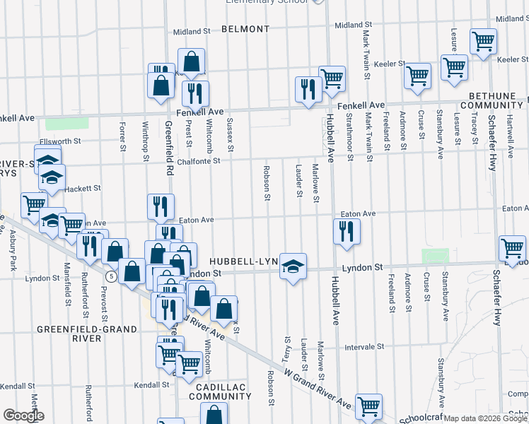 map of restaurants, bars, coffee shops, grocery stores, and more near 14841 Robson Street in Detroit