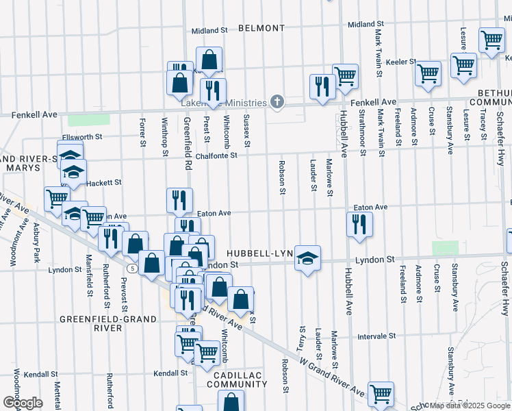 map of restaurants, bars, coffee shops, grocery stores, and more near 14848 Sussex Street in Detroit