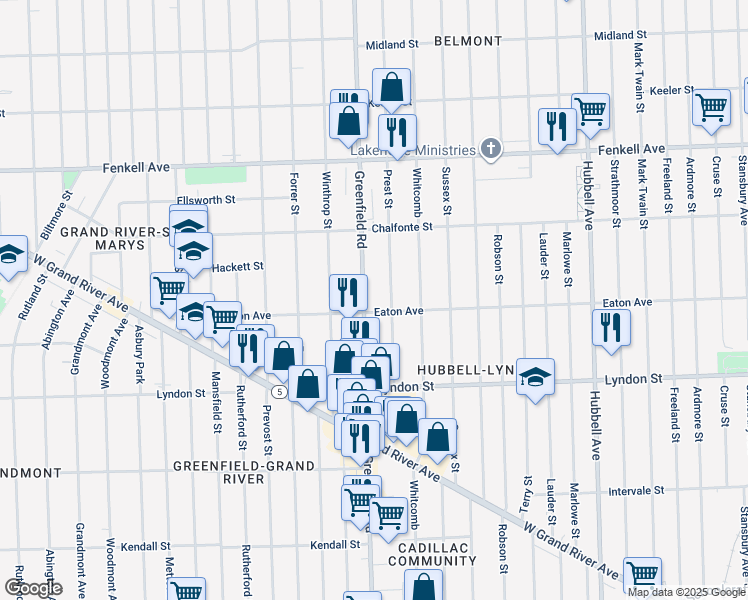 map of restaurants, bars, coffee shops, grocery stores, and more near 14857 Prest Street in Detroit