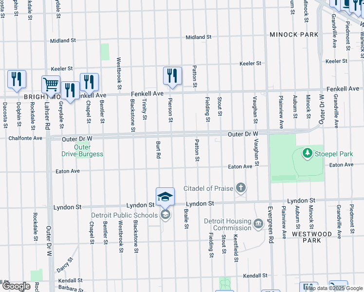 map of restaurants, bars, coffee shops, grocery stores, and more near 10931 Outer Drive West in Detroit
