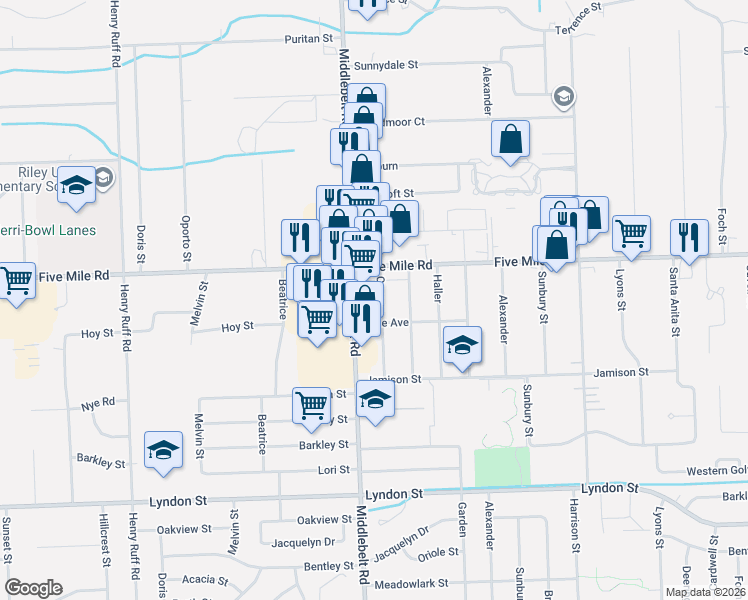 map of restaurants, bars, coffee shops, grocery stores, and more near 15260 Middlebelt Road in Livonia
