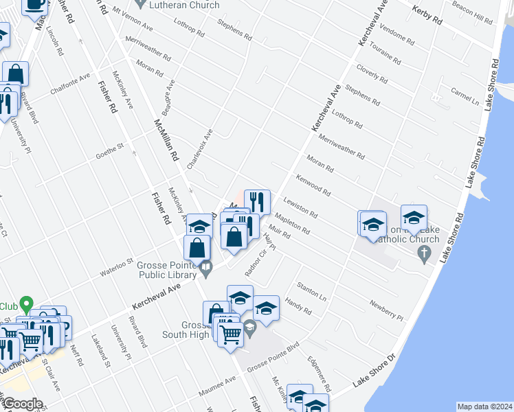 map of restaurants, bars, coffee shops, grocery stores, and more near 161 Kercheval Avenue in Grosse Pointe Farms