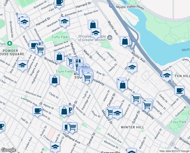 map of restaurants, bars, coffee shops, grocery stores, and more near 89 Bow Street in Medford