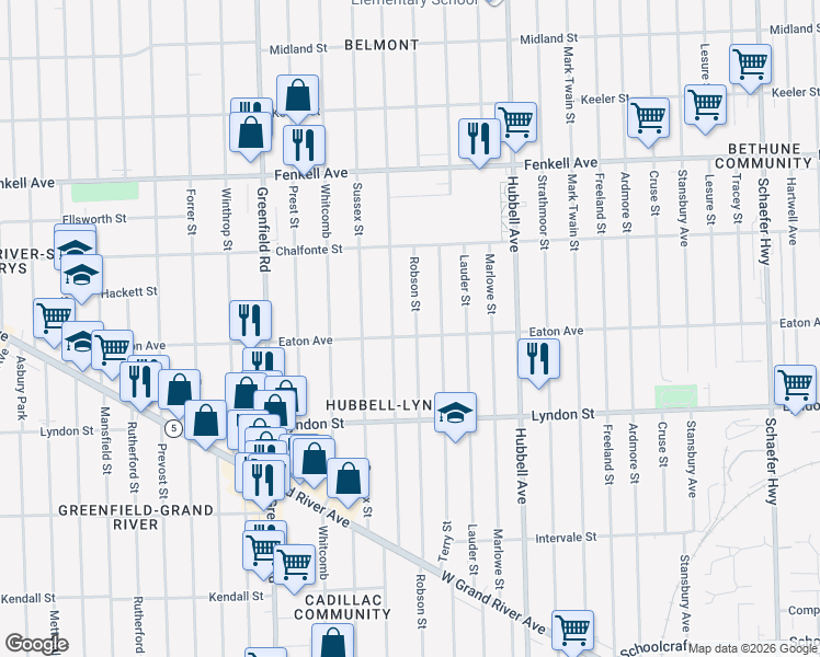 map of restaurants, bars, coffee shops, grocery stores, and more near 14841 Robson Street in Detroit