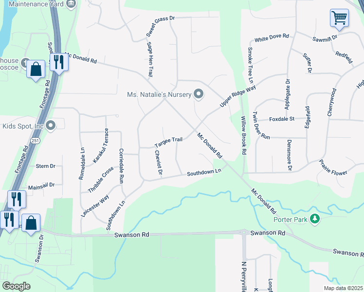 map of restaurants, bars, coffee shops, grocery stores, and more near 5985 Targee Trail in Roscoe