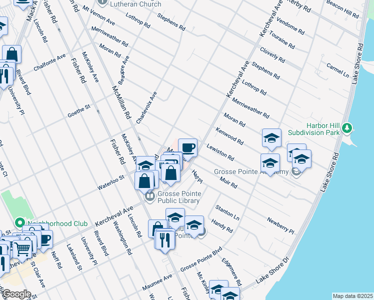 map of restaurants, bars, coffee shops, grocery stores, and more near 161 Kercheval Avenue in Grosse Pointe Farms
