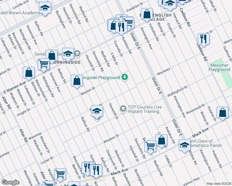 map of restaurants, bars, coffee shops, grocery stores, and more near 4326 Bedford Street in Detroit