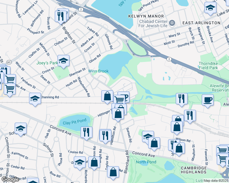 map of restaurants, bars, coffee shops, grocery stores, and more near 14-20 Hill Road in Belmont