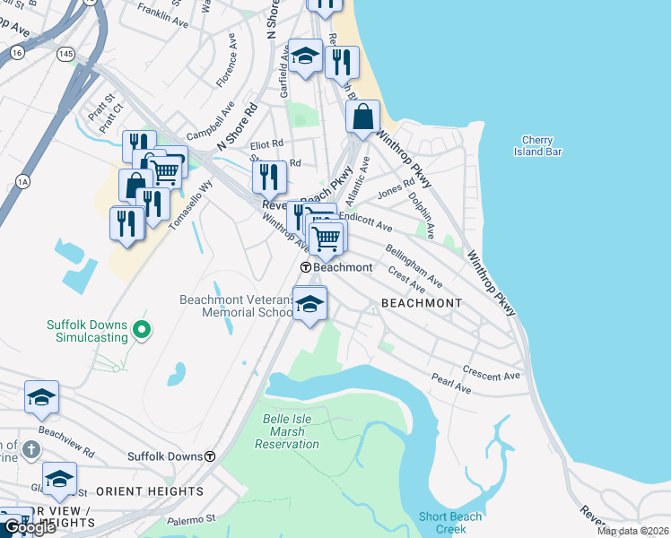 map of restaurants, bars, coffee shops, grocery stores, and more near 42 Bradstreet Avenue in Revere