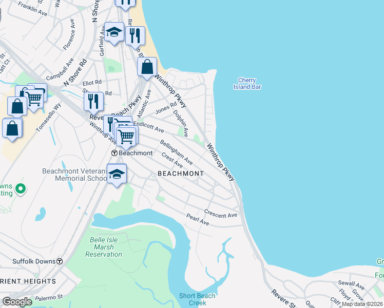 map of restaurants, bars, coffee shops, grocery stores, and more near 143 Endicott Avenue in Revere