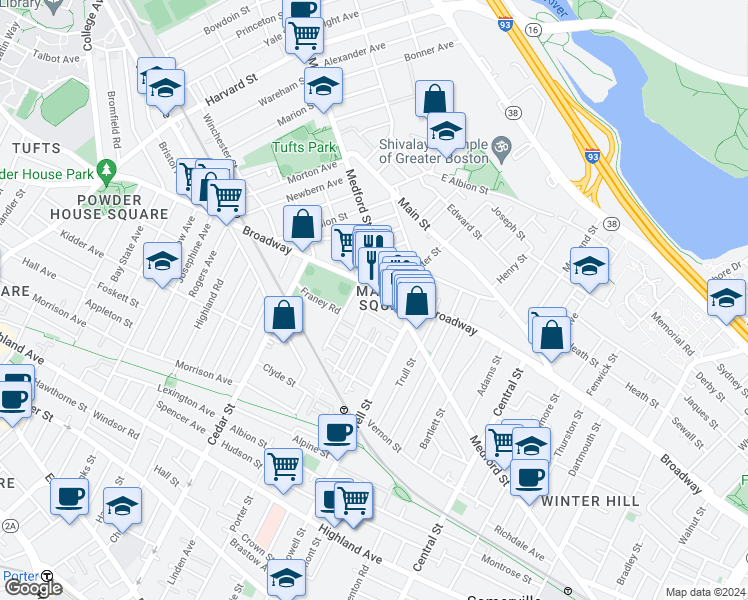 map of restaurants, bars, coffee shops, grocery stores, and more near 8 Hinckley Street in Somerville