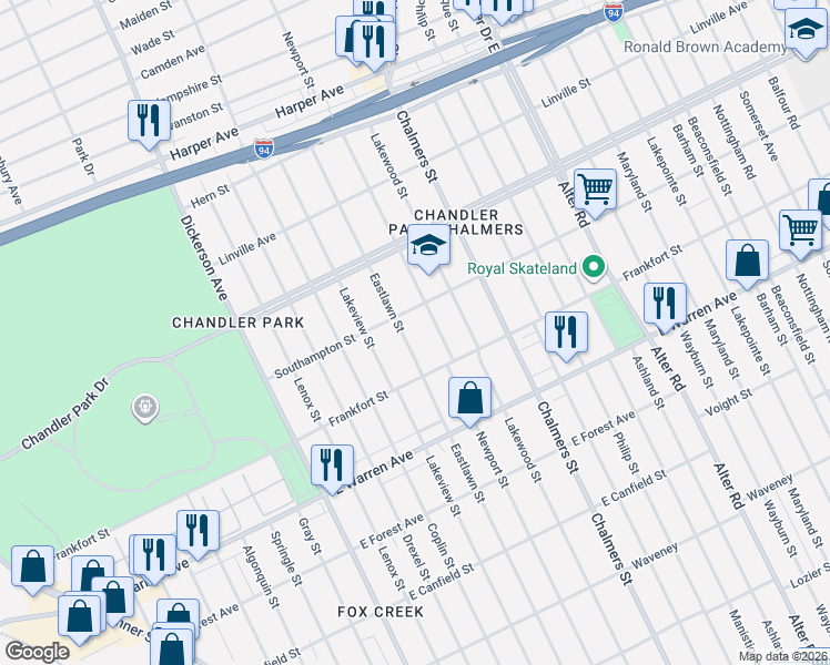 map of restaurants, bars, coffee shops, grocery stores, and more near 5300 Eastlawn Street in Detroit