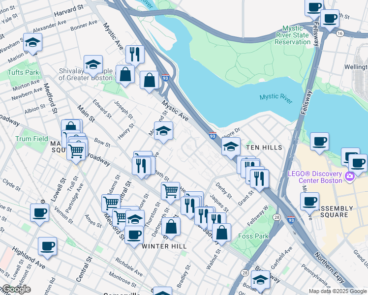 map of restaurants, bars, coffee shops, grocery stores, and more near 25 Conners Drive in Somerville
