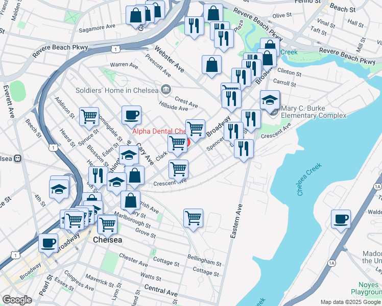 map of restaurants, bars, coffee shops, grocery stores, and more near 781 Broadway in Chelsea