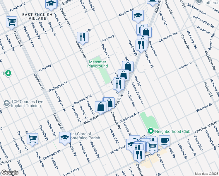 map of restaurants, bars, coffee shops, grocery stores, and more near 17161 Denver Street in Detroit