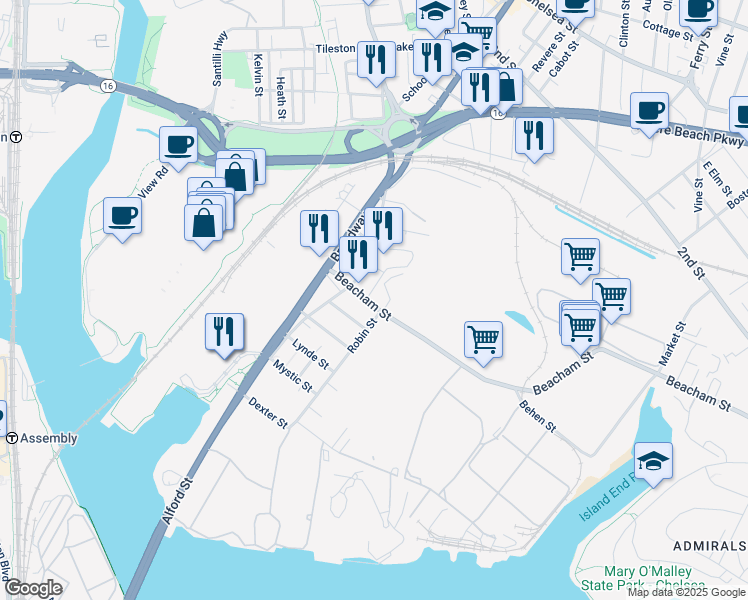 map of restaurants, bars, coffee shops, grocery stores, and more near 199 Ashland Street in Everett
