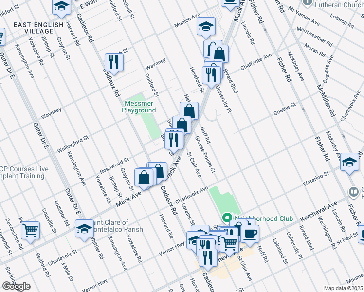 map of restaurants, bars, coffee shops, grocery stores, and more near Mack Ave & St Clair St in Detroit