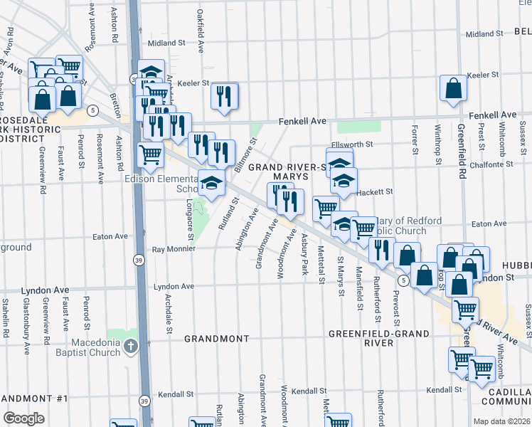 map of restaurants, bars, coffee shops, grocery stores, and more near 16801 Grand River Avenue in Detroit