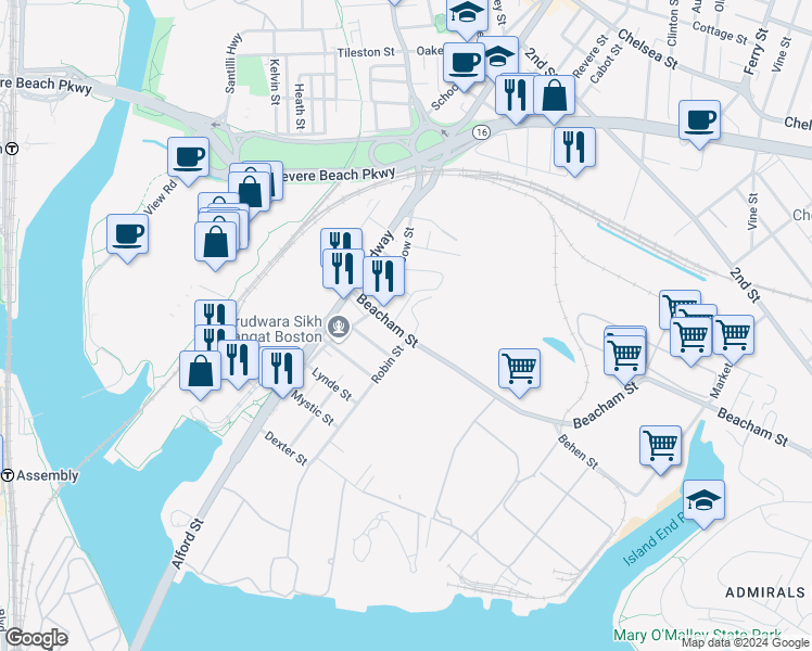 map of restaurants, bars, coffee shops, grocery stores, and more near 199 Ashland Street in Everett