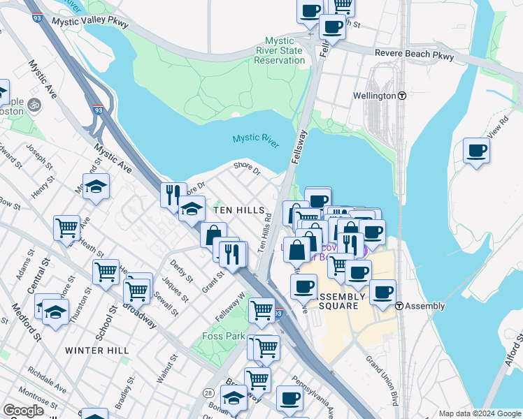 map of restaurants, bars, coffee shops, grocery stores, and more near 218 Fellsway in Somerville