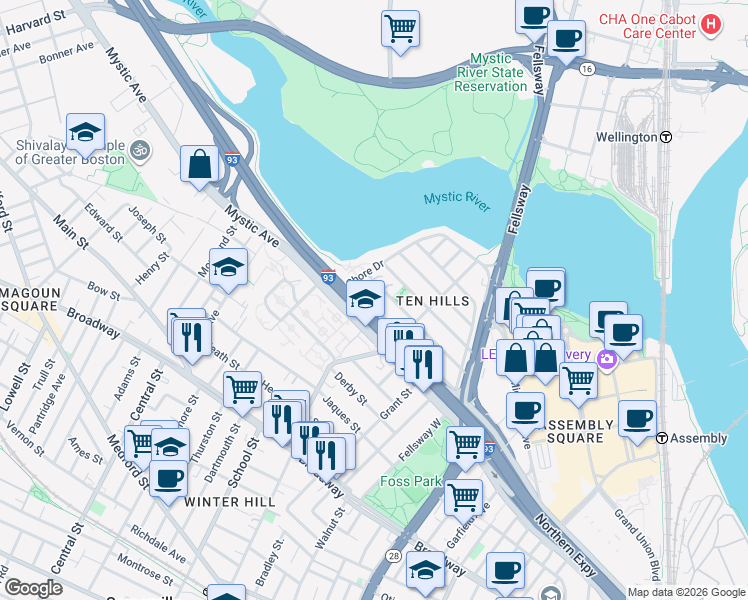 map of restaurants, bars, coffee shops, grocery stores, and more near 116 Governor Winthrop Road in Somerville