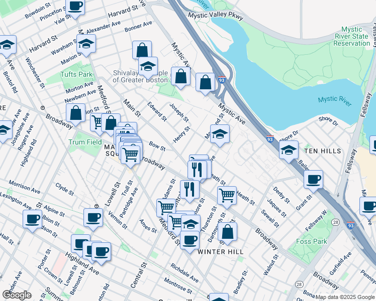 map of restaurants, bars, coffee shops, grocery stores, and more near 25 Fremont Street in Somerville