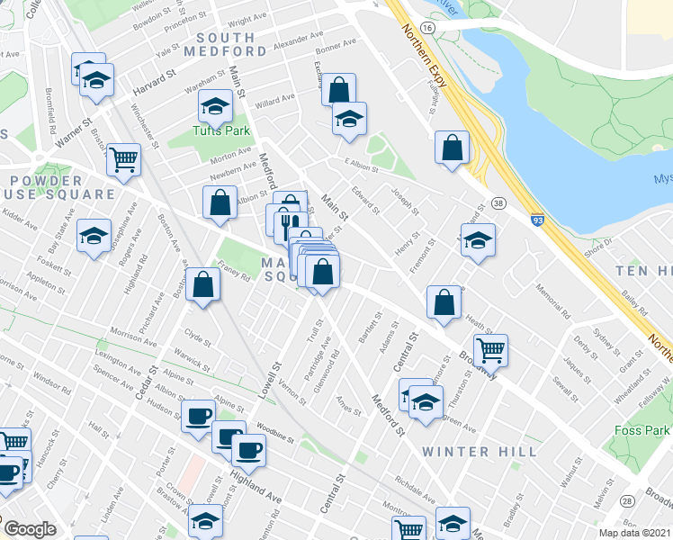 map of restaurants, bars, coffee shops, grocery stores, and more near 483 Broadway in Medford