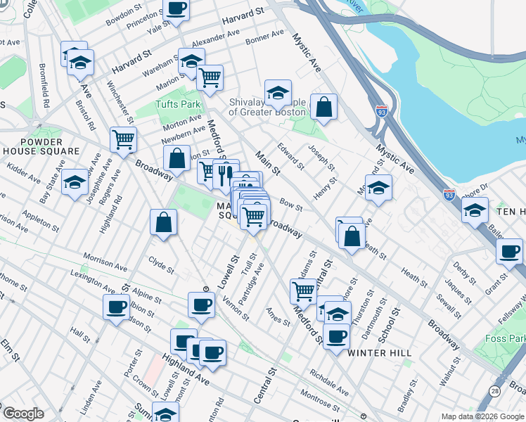 map of restaurants, bars, coffee shops, grocery stores, and more near 483 Broadway in Medford