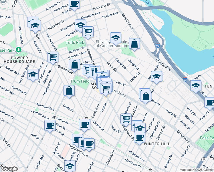map of restaurants, bars, coffee shops, grocery stores, and more near 483 Broadway in Medford