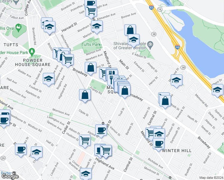 map of restaurants, bars, coffee shops, grocery stores, and more near in Somerville