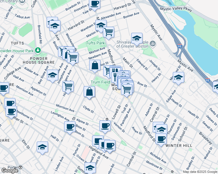 map of restaurants, bars, coffee shops, grocery stores, and more near 10 Charles E Ryan Road in Somerville