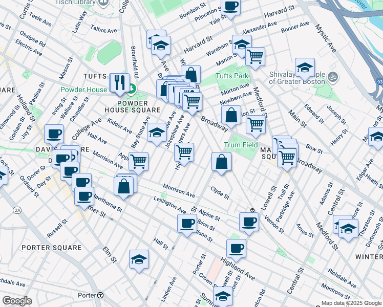 map of restaurants, bars, coffee shops, grocery stores, and more near 90 Highland Road in Somerville