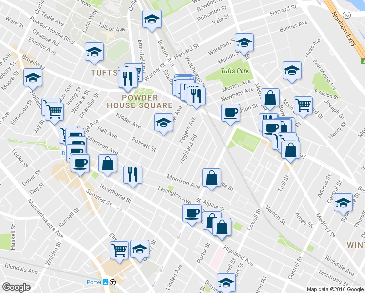 map of restaurants, bars, coffee shops, grocery stores, and more near 90 Highland Road in Somerville