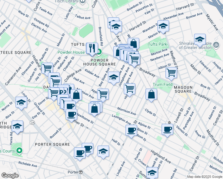 map of restaurants, bars, coffee shops, grocery stores, and more near 200 Willow Avenue in Somerville