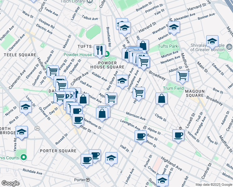 map of restaurants, bars, coffee shops, grocery stores, and more near 200 Willow Avenue in Somerville