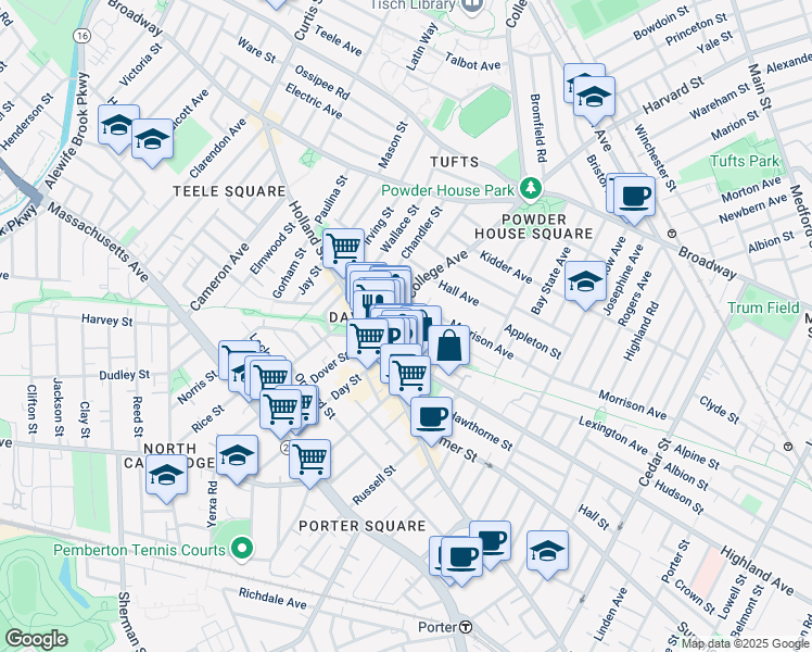 map of restaurants, bars, coffee shops, grocery stores, and more near 10 Winslow Avenue in Somerville