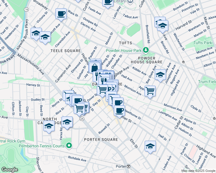map of restaurants, bars, coffee shops, grocery stores, and more near in Somerville