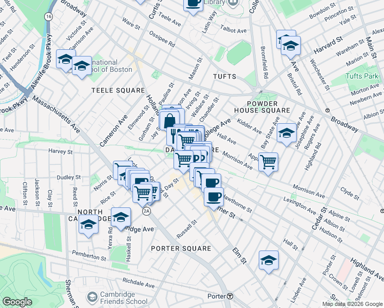 map of restaurants, bars, coffee shops, grocery stores, and more near in Somerville