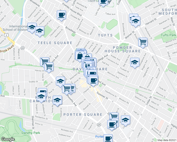 map of restaurants, bars, coffee shops, grocery stores, and more near in Somerville