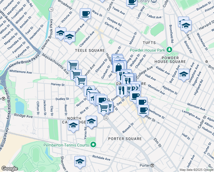 map of restaurants, bars, coffee shops, grocery stores, and more near P3 Howard Street in Somerville