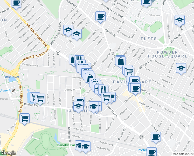 map of restaurants, bars, coffee shops, grocery stores, and more near 51 Locke Street in Cambridge