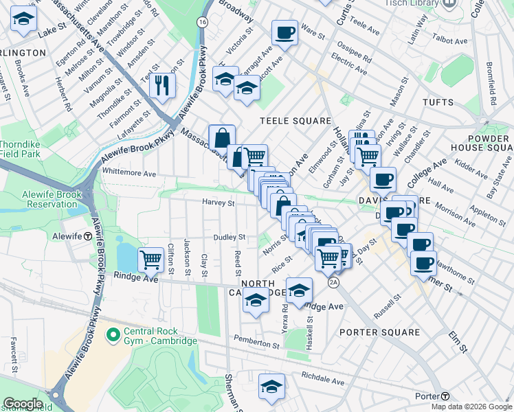 map of restaurants, bars, coffee shops, grocery stores, and more near 35 Harvey Street in Cambridge
