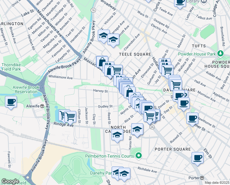map of restaurants, bars, coffee shops, grocery stores, and more near 35 Harvey Street in Cambridge