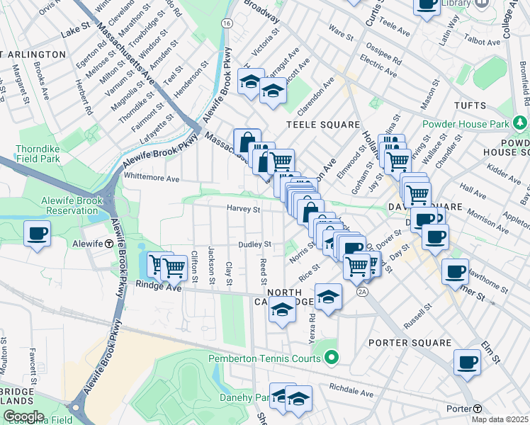 map of restaurants, bars, coffee shops, grocery stores, and more near 35 Harvey Street in Cambridge